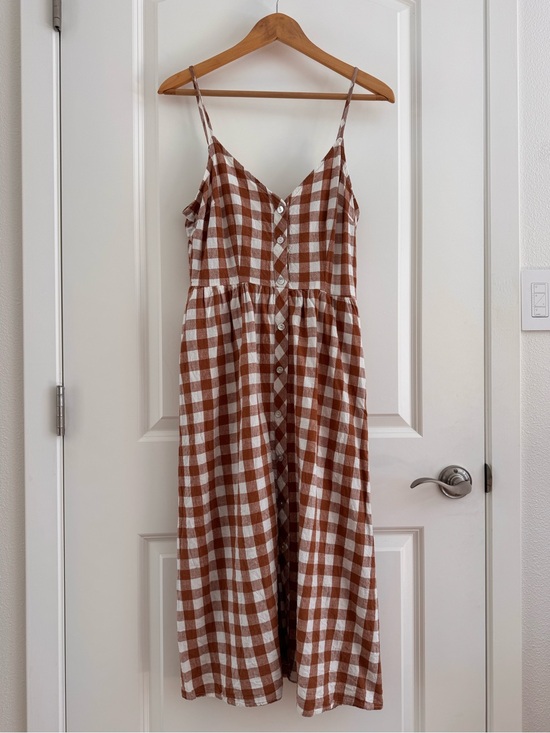 a new day Dresses & Skirts - Brown/Rust & White Gingham Midi Dress Cottagcore linen Picnic summer